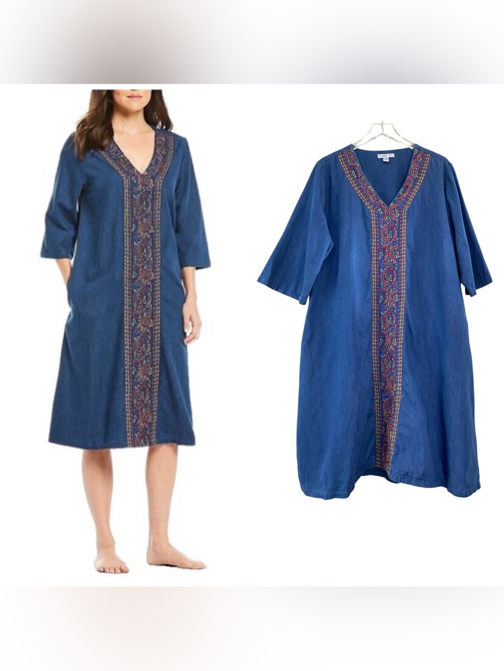 Go Softly Embroidered Denim V Neck 3/4 Sleeve Patio Dress Size 1X